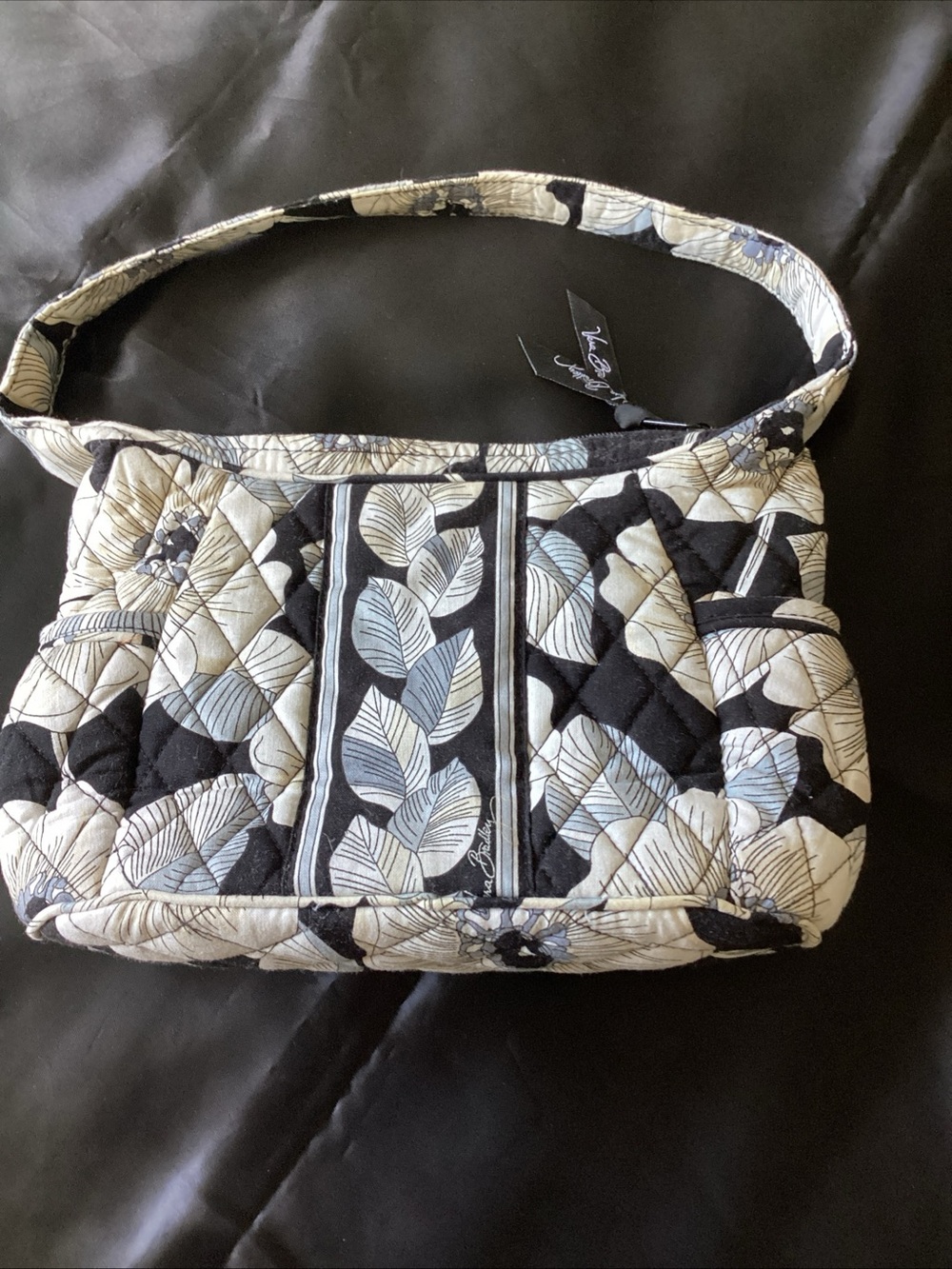 Vera Bradley Quilted Leaf-Print Shoulder Bag in Black, Cream & Light Blue